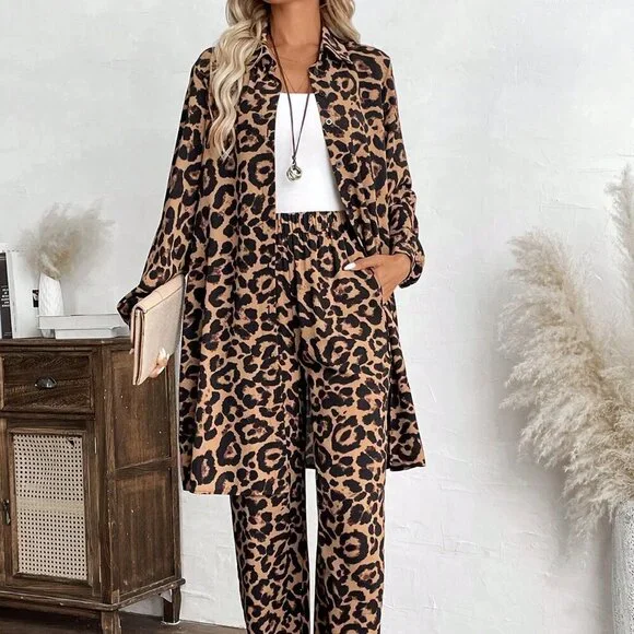 Multicolor Casual Women's Loose Fit Leopard Print Blouse & Pants Set - Picture 4 of 6